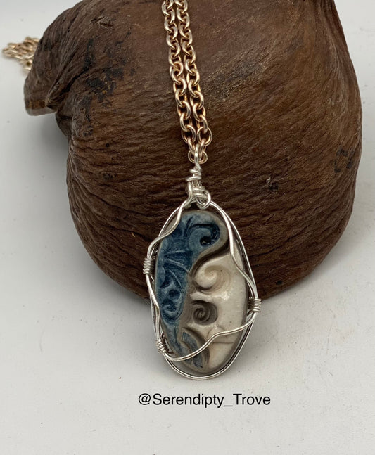 "Resurgence" - Raku Pendant - Blue/white waves