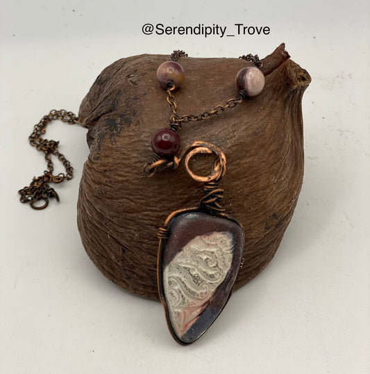 "Patina" - Raku Pendant - Rusty white swirls, copper wrapped
