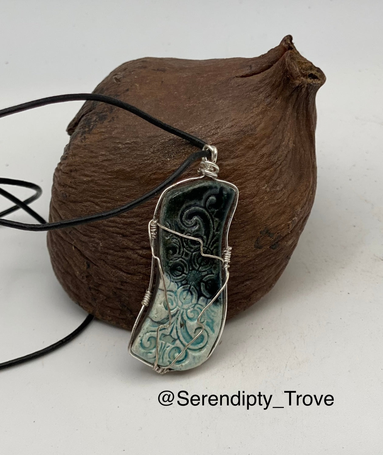 "Anew" - Raku Pendant - Turquoise/blue silver wrapped