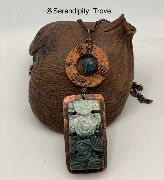 "Infina" - Raku Necklace - Turquoise/white copper wrapped