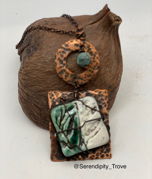 "Flourish" - Raku Pendant - Turquoise/white copper wrapped