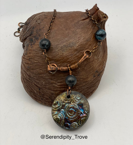 "Opaline" - Raku Pendant - Iridescent, copper wrapped